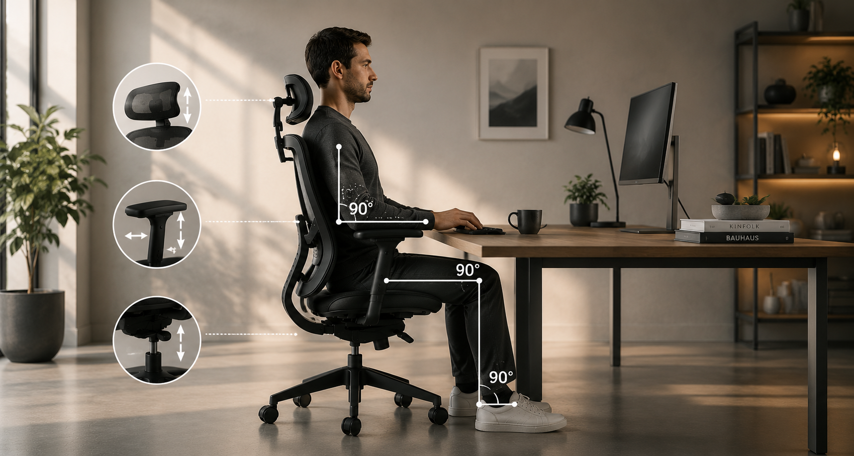 Postura correcta en el escritorio con silla y monitor alineados